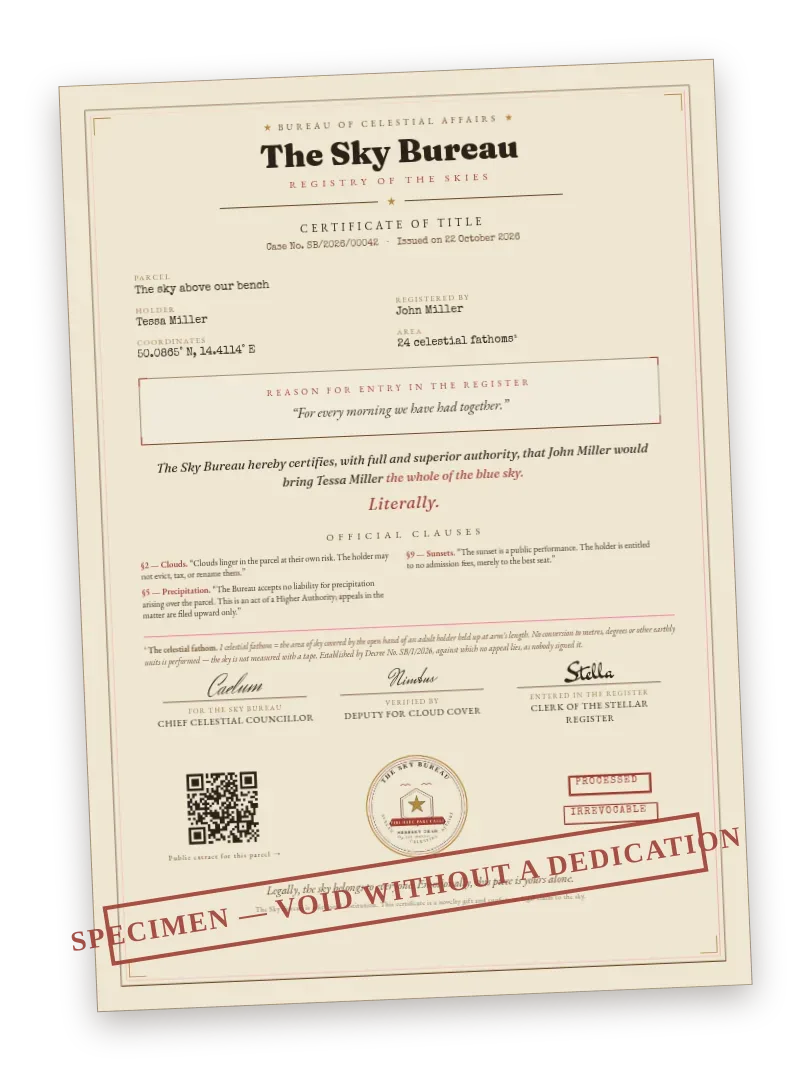 Small preview of a Sky Bureau certificate of title — an official A4 sheet with seal, case number and QR code.