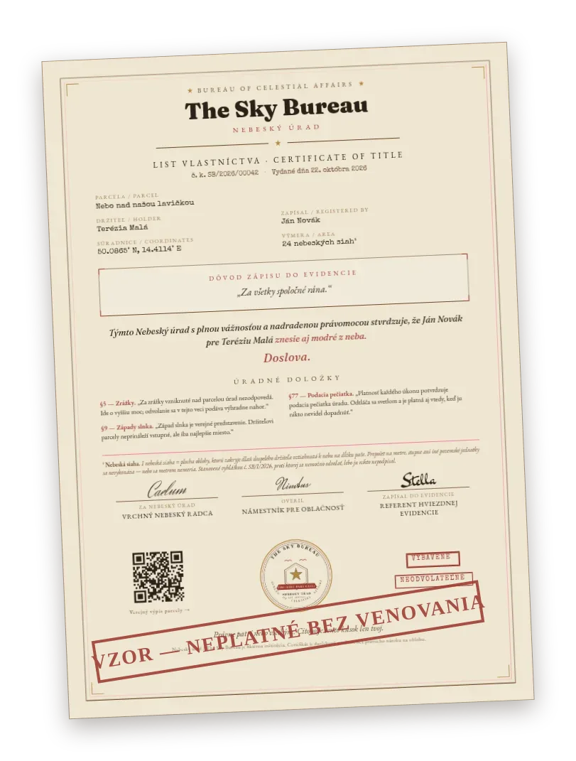 Malý náhľad listu vlastníctva Nebeského úradu — úradné vyhotovenie A4 s pečaťou, spisovým číslom a QR kódom.